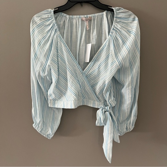BCBGENERATION Blue and White Striped Tie Side Faux Wrap Crop Top Size XS - Picture 2 of 11